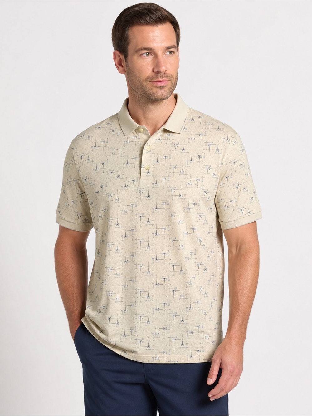 Men's Short-Sleeve Polo in Light Beige with Subtle Print